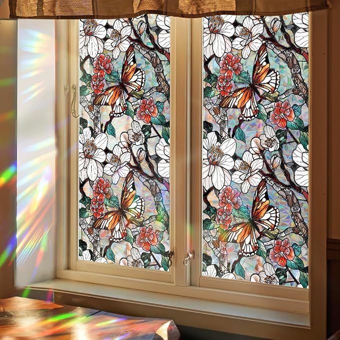 Retro Flower Window Privacy Film, Stained Glass Decals Floral Butterfly Privacy - Image 5