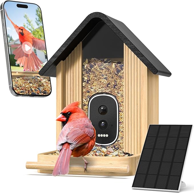 Smart Bird Feeder Camera with Solar Panel, Bamboo | 2.5K UHD, AI Identification by WLNYUGS