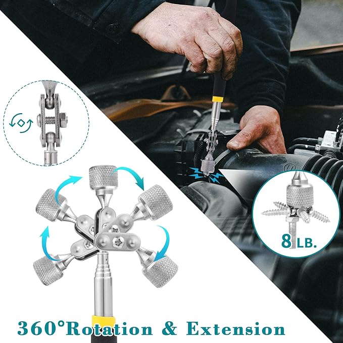 3 Pieces Magnetic Trays with 8LBs Telescoping Magnetic Pick-up Tool Set, 9.5" and 3.7" Rectangle, 6" Round Bowl Stainless Steel Magnet Parts Tray for Screws, Mechanic's