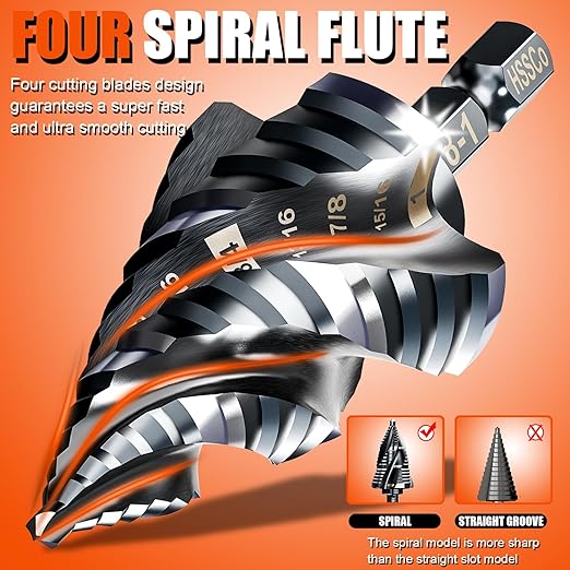 Four Spiral Flute Step Drill Bit for Metal,M35 Cobalt Unibit Step Drill Bit Set 1/4"-1" (30 pcs),Wear-Resistant AlTiN Coated,1/4" Hex Shank for Metal, Stainless Steel, Aluminum, Plastic