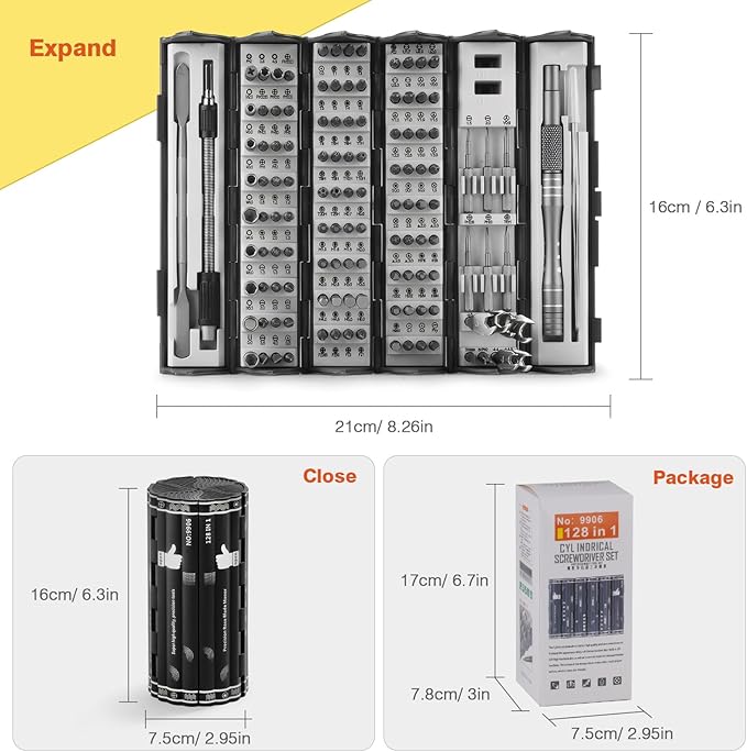 Precision Screwdriver Set 128 in 1 Professional Multi-Tool with S2 Magnetic Screwdriver Bits Roll-up Cylinder Organizer Portable Repair Tool Kit for Computer Phone Watch Electronics Maintenance