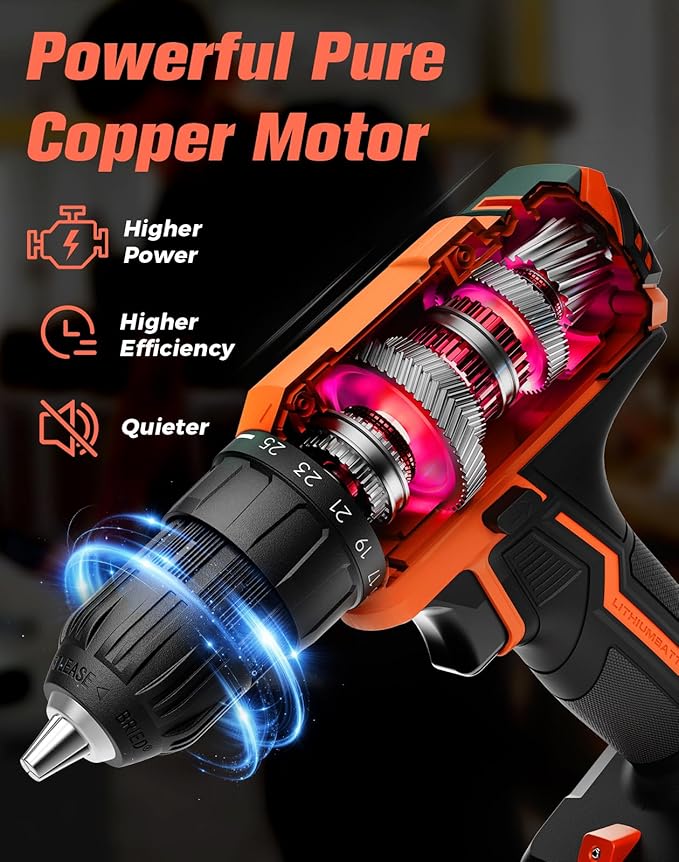 Cordless Drill, 20V MAX Power Drill Set with Dual Power Pack & Charger, 3/8 Inch Keyless Chuck, Variable Speed, 25+1 Position and 56PCS Bits/Screws, Power Tools for Home Projects