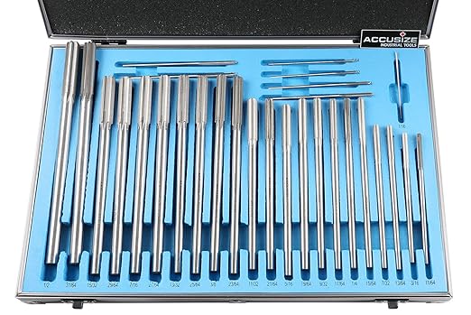 Accusize Industrial Tools 29 Pc Set 1/16 to 1/2 inch by 1/64 in HSS M2 Premium Chucking Reamers, Straight Flute, Aluminum Case, 5528-SF00