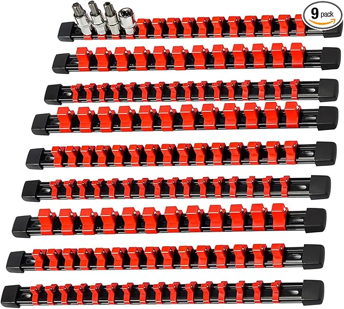 AMM 9-Piece Socket Organizer, 1/2 inch, 3/8 inch and 1/4 inch Drive ABS Tools-Red Socket Holder,Heavy Duty Socket Racks, Premium Quality Socket Clip Rail Holder,The best tool trays in the garage