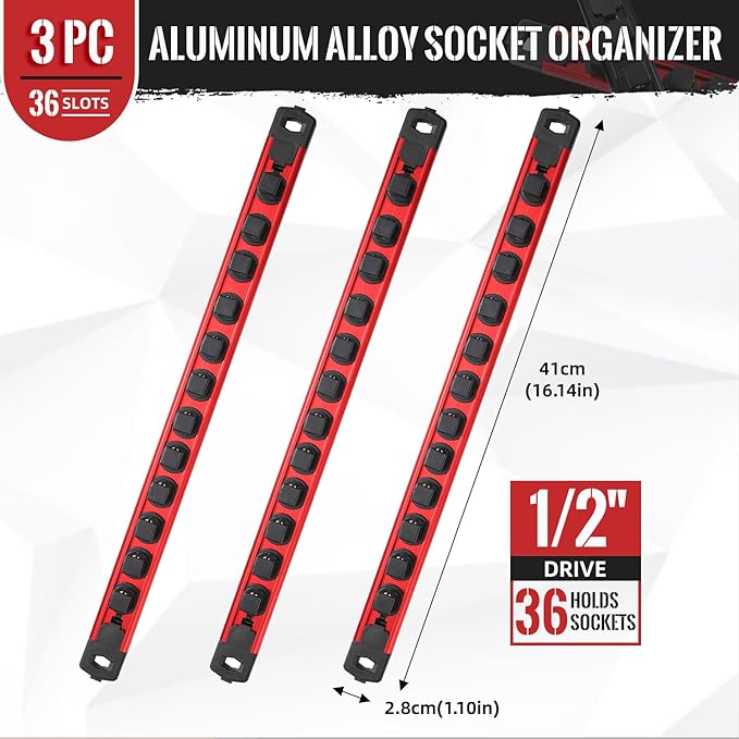 Magnetic Socket Organizer, 3-Piece Heavty Duty Aluminum Socket Holder, Socket Rail for Tool Box, Premium Quality 360° Swivel Socket Rack with 36 Clips for 1/2-Inch(Red)