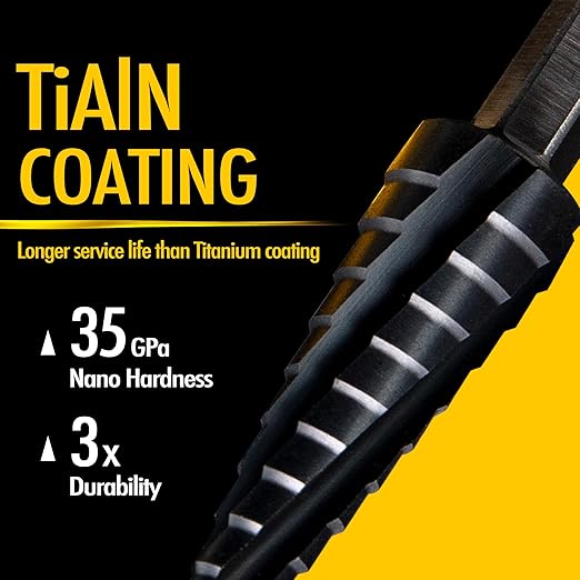 Four Spiral Flute Cobalt Step Drill Bit, 1/4" - 1-3/8" M35 TiAlN Coating Impact Ready Unibit Step Drill Bit, Tri-Flat Shank Shank Step Bit for Metal, Stainless Steel, Aluminum, Plastic