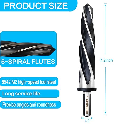 DKIBBITH 1-1/8" Bridge Construction Reamer Drill Bit, M2 HSS Taper Chucking Reamer for Steel Alloy Metal Wood Plastic, 1/2" Non-Slip Shank, 5-Spiral Flutes Car Reamer, to Align or Enlarge Holes, 28mm