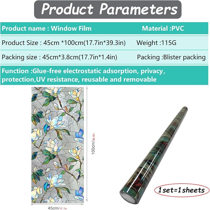 Magnolia Stained Glass Privacy Window Film, Decorative Window Tinting Film - Image 7