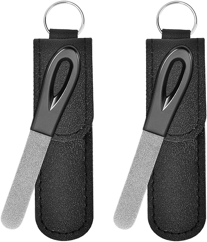 Metal Nail File with Case, 2 Pack Keychain Nail Files for Natural Nails, Fingernail Files Diamond Round Tip Stainless Steel Double Sided Fine Grit Sapphire Filer with Leather Sheath Travel Black