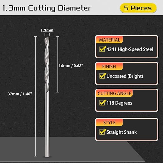 Drill Bit, 1.3mm Cutting Diameter, 4241 HSS 118° Cutting Angle Uncoated Bright Versatile Jobber Bits - (Applications: for Drilling Plastic Wood Soft Metal), 5-Pieces