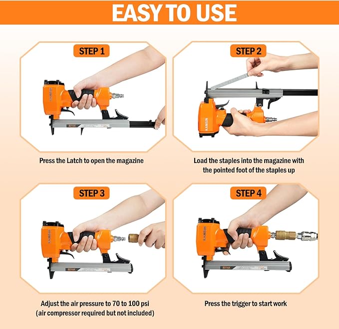 Kamsin 8016K Pneumatic Upholstery Staple Gun 21 Gauge Upholstery Stapler Fits 80 Series Staples with 1/2-Inch Crown and 1/4-Inch to 5/8-Inch Leg Length for Furniture, Cabinet and Woodworking (8016K)