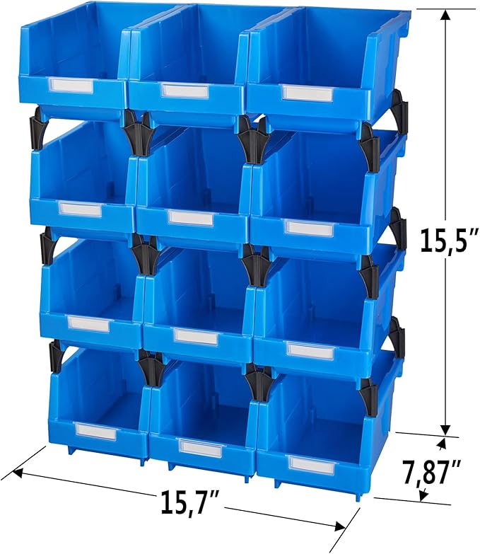 Tool bins Garage Storage Bins Small Parts Container Stacking storage bin Wall mounted storage bins(Blue,pack of 12)