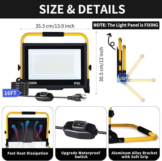 24000LM LED Work Light, 200W Ultra Brighter Flood Light with 16FT Cord Switch, Portable Worklight with Stand, 5000K IP66 Waterproof Outdoor Construction Lighting for Job Site Camping Workshop Garage