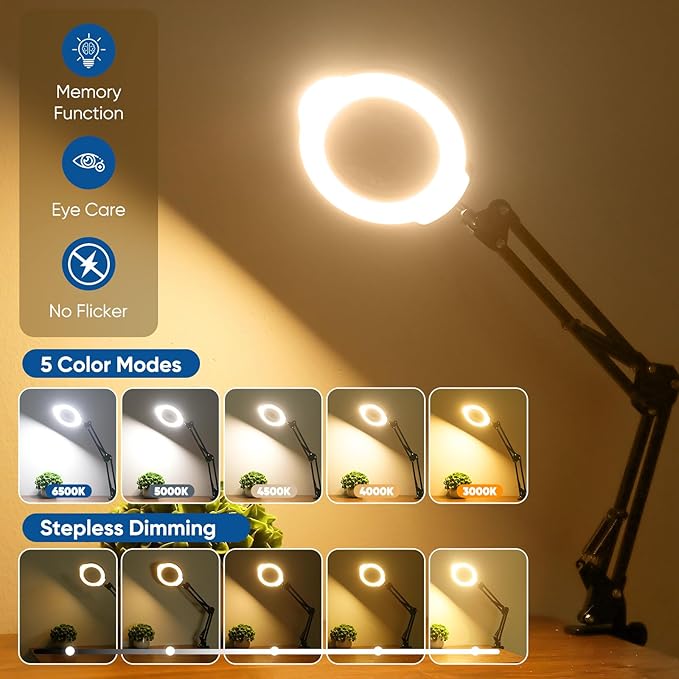 10X Magnifying Glass with Light and Clamp，Real Glass Lens 5 Color Modes Dimmable LED Lighted Magnifier with Swing Arm Hands Free Magnifying Desk Lamp for Crafts Sewing Painting Reading Close Work