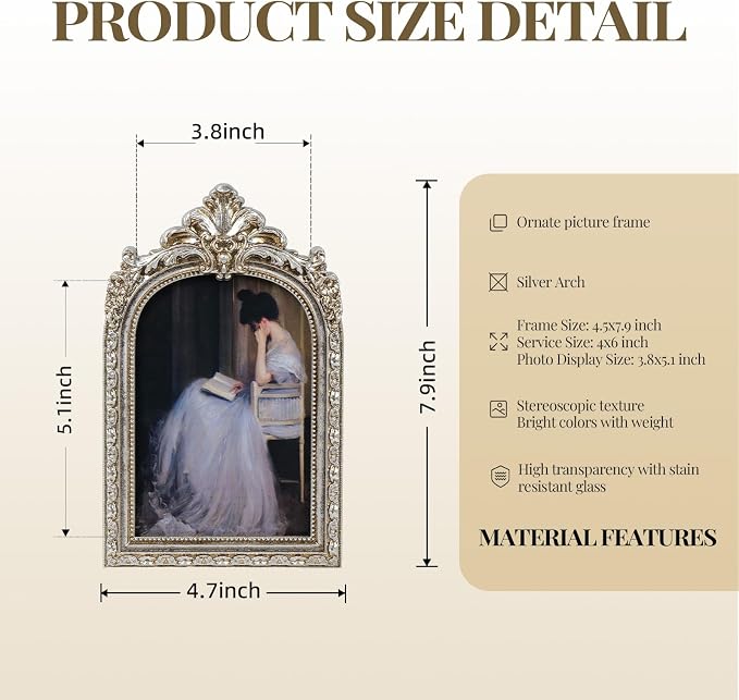 Cuspin 4x6 Vintage Silver Picture Frame, Ornate Arched Resin Photo Frame - Image 5