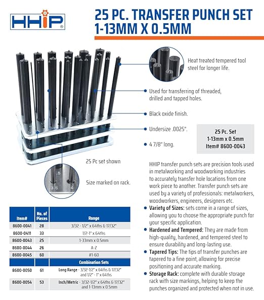 HHIP 8600-0043 25 Piece 1-13mm Metric Transfer Punch Set