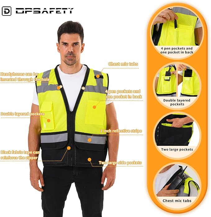 Reflective Safety vest With back plan pocket,High visibility Class 2 Heavy Duty Surveyor Vest with Zipper,Hi Vis Construction Work Vest for Men＆Women ANSI/ISEA(Yellow-Bottom,2XL)