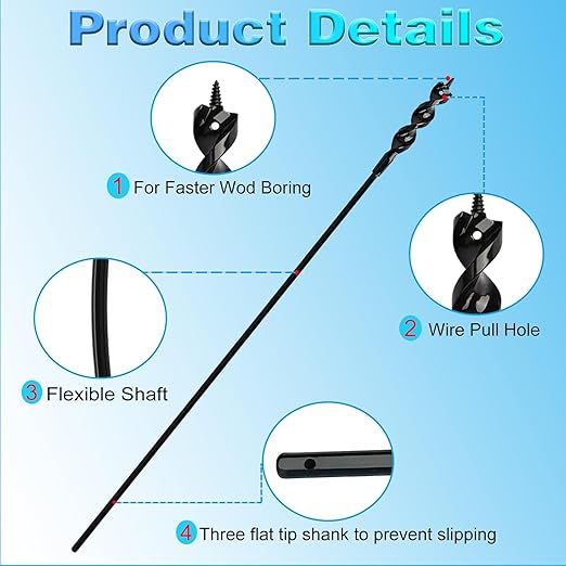 Flexible Installer Drill Bit for Pulling Wires Through Walls Ceilings and Sidewalks, 54-Inch Long, 1/2-Inch Auger with a Fish Eye Hole and Screw Point, 3/16" 3-Flat Anti-Slip Shank.