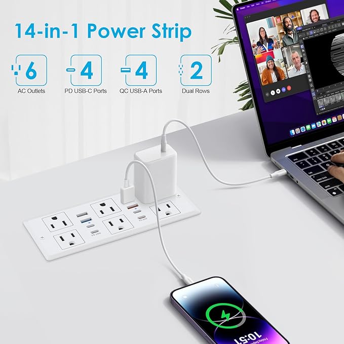 Recessed Power Strip with PD 30W Fast Charging, Conference Desk Flush Mount Outlets Plug in 6 Outlets & 8 USB Ports,3FT Cord Furniture Drawer Outlet White