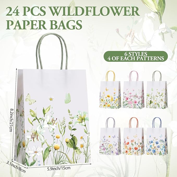 Gaillty 24 Pcs Wildflower Paper Gift Bags 6 Styles, Floral Goodie Bags - Image 2