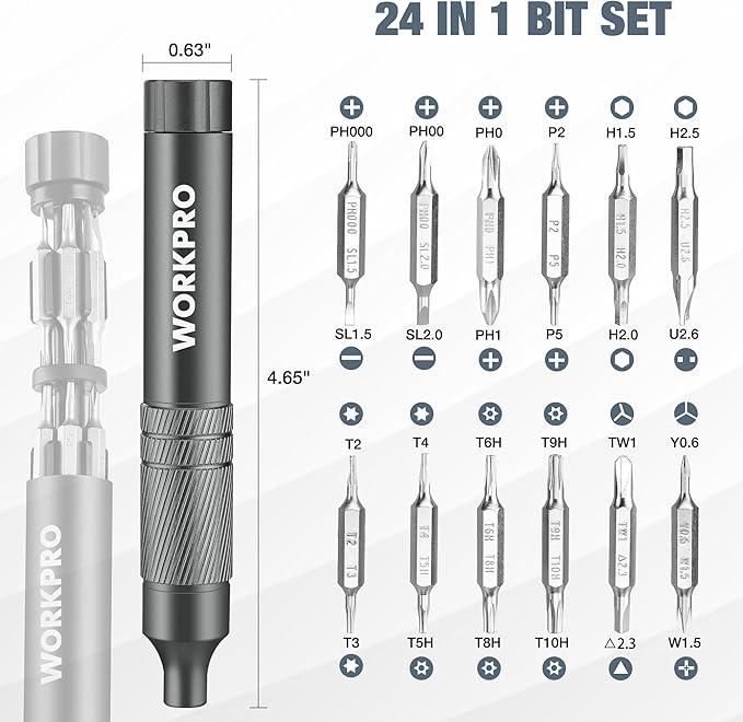 WORKPRO 24 in 1 Multi Bit Mini Screwdriver Set Magnetic, Manual Pen Screwdrivers, Tough S2 Steel Small Screwdriver Bits for Eyeglass, Watch, Laptop, Phone, Jewelry and Electronic, Grey