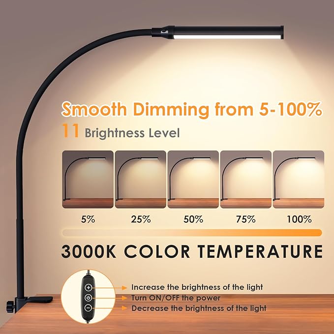 ShineTech LED Desk lamp with Clamp, 3000K Warm White 11 Brightness Level Eye-Caring Clip Lights for Home Office, Flexible Gooseneck USB Adapter, Black