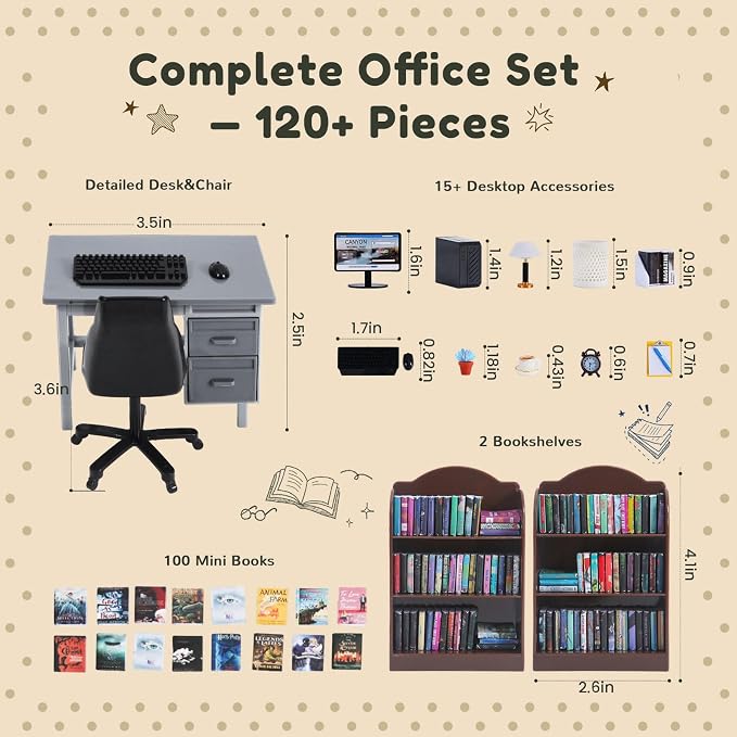 1:12 Scale Mini Desk Set with 100 Mini Books & 2 Bookshelves — Miniature - Image 2