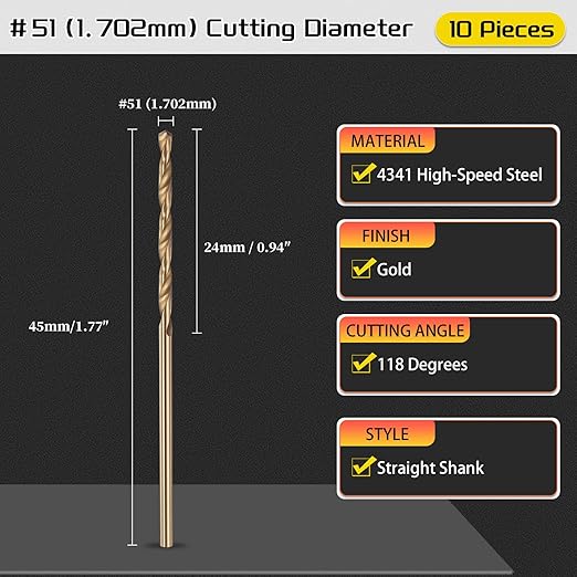Drill Bit, #51 Cutting Diameter, 4341 HSS Gold Finish 118° Cutting Angle Number Jobber Bits - (Applications: for Drilling Soft Metal Plastic Wood), 10-Pieces