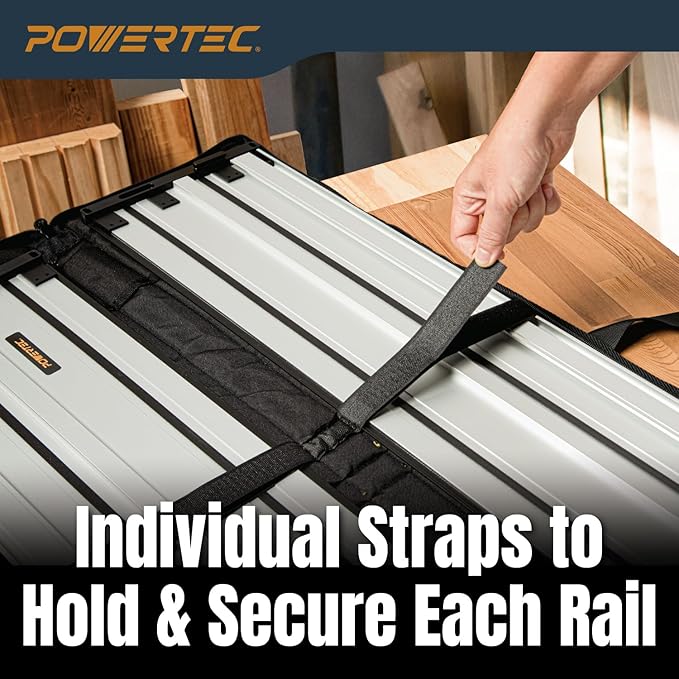 POWERTEC 110" Track Saw Guide Rail Joining Set for Ridgid Track Saws, Include 2x55" Extruded Aluminum Guide Rail, 2 Rail Extension Connectors and Protective Carrying Bag (72133)