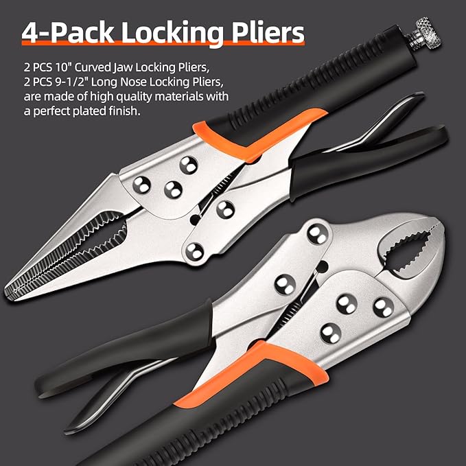 4-Pack Locking Pliers & Vice Grips Set - 2x 10" Curved Jaw Locking Pliers, 2x 9-1/2" Needle Nose Vise Grips for Welding, Metal Bending & Woodworking - Ergonomic Handle