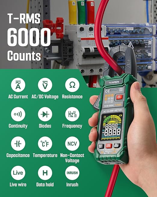 TESMEN TCM-300A Inrush Clamp Meter Multimeter 6000 Counts TRMS, Auto-Ranging Voltmeter Amp Meter with AC Current Capacitance AC/DC Voltage NCV/Live Wire Resistance Diode Temperature Continuity – Green