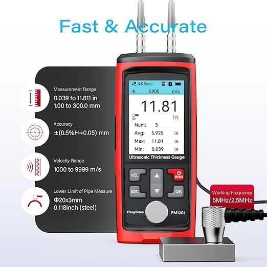 Ultrasonic Thickness Gauge PM1201,Range 0.039 to 11.811 inch, Digital Metals Thickness Tester with Type-C Charging, Data Storage for Steel, Metals, Plastic, Glass, PVC, Pipes