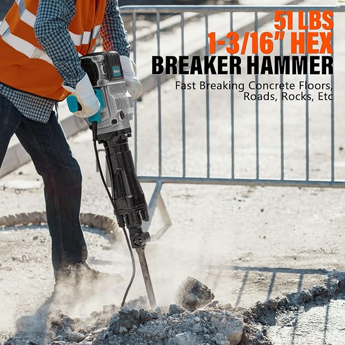 Berserker 2100W 50-Pound Demolition Jack Hammer with 1-3/16" Hex, 17-Amp Corded Electric Heavy Duty Demo Chipping Hammer Concrete/Pavement Breaker with Carrying Case Flat Chisel Bull Point Chisel