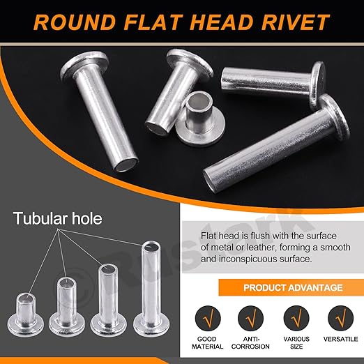 151Pcs 5 Sizes M6 Aluminum Flat Head Semi Tubular Rivets Assortment Kit with Punch, Partial Hole Tubular Rivets Round Flat Head Semi Tubular Rivet Silver Tone for Household Industry Repairing