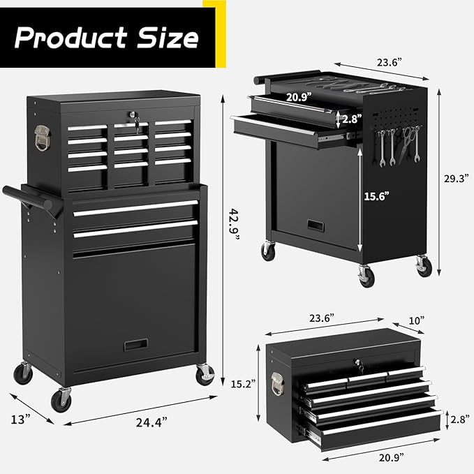 On Shine 8 Drawer Rolling Tool Chest, Large Capacity Rolling Tool Box with Wheels, Locking Mechanical Tool Chest, Portable Tool Box with Sliding Drawers,Metal Tool Box for Garage Workshop (Black)