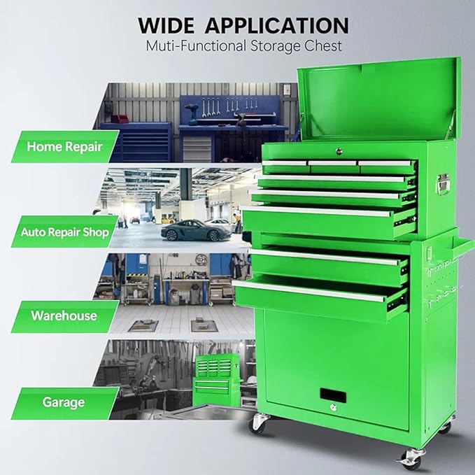 8 Drawers Rolling Tool Chest - Tool Box Organizer with Wheels and Drawers, Detachable Storage Cabinet with Lock for Garage Workshop, Green