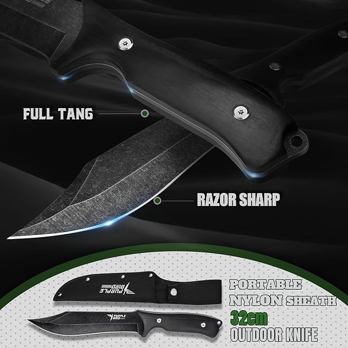 PURPLEBIRD Outdoor Survival Axe & Fixed Blade Knife Set - Full Tang Camping Hatchet and Hunting Knife with Sheath, Lightweight Small Hand Axe & Bushcraft Knives Set with Wood Handle, Gift Box for Men