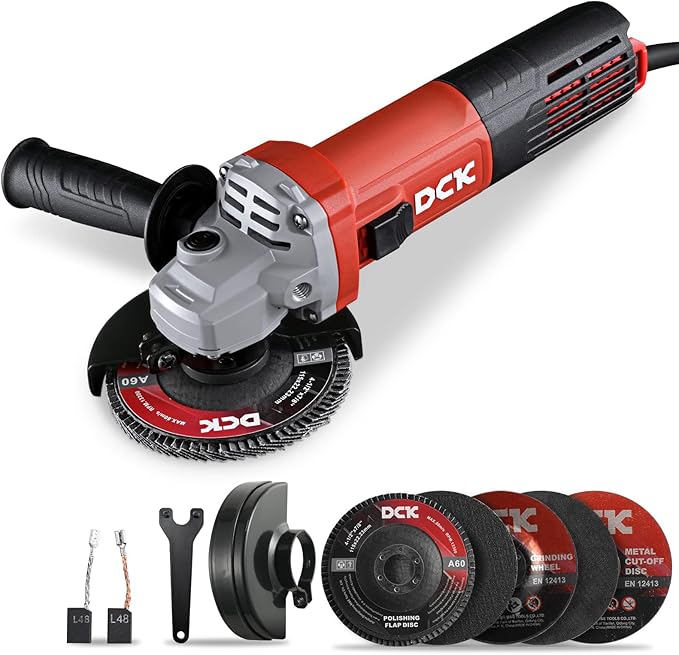 DCK 9.2 Amp Angle Grinder, 4-1/2 Inch Electric Grinder Power Tool, 11800 RPM, Auxiliary Handle and 2 Safety Guards, 6 Piece Discs, Copper Angle Grinder for Cutting, Grinding, Polishing (KSM17-115B)