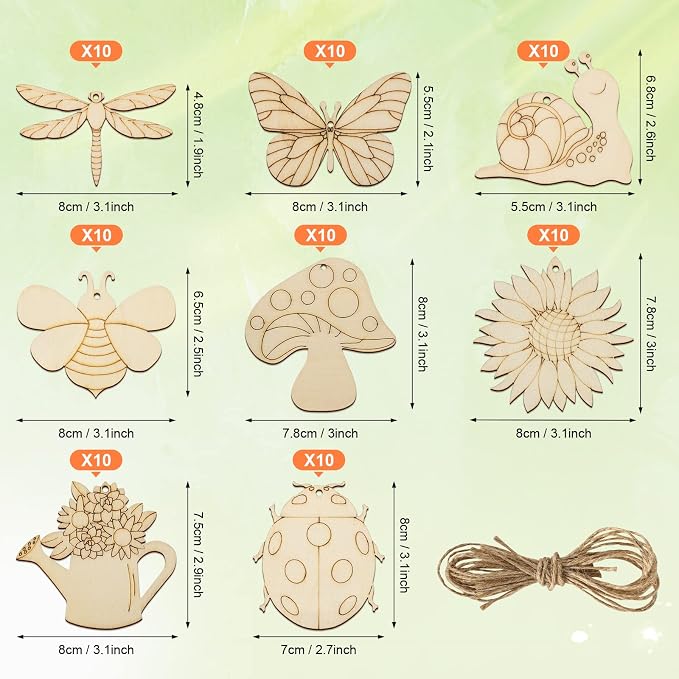80PCS Wooden Spring Ornaments to Paint, 8 Styles DIY Blank Unfinished Wood - Image 7