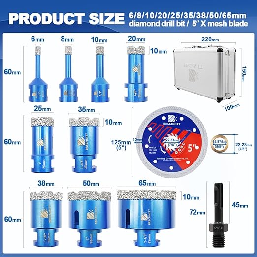 Diamond Core Drill Bit Set - for Porcelain Tile Ceramic Marble Granite Drilling,BRSCHNITT 1/4" 5/16" 3/8" 4/5" 1" 1-3/8" 1-1/2" 2" 2-1/2" Vacuum Brazed Diamond Hole Saw with 5/8-11 Thread