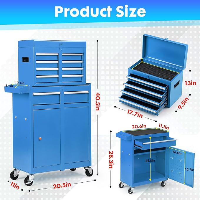 Rolling Tool Chest, 5-Drawer Tool Cabinet with Lockable Wheels and Detachable Top Tool Box, Tool Cart for Warehouse, Workshop, Blue