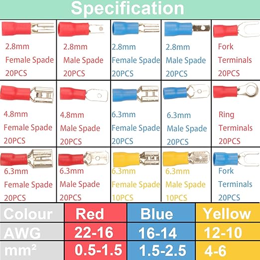 280PCS Crimp Connectors, 2.8mm 4.8mm 6.3mm Male and Female Spade Connector kit, 15 Types Crimp Terminals Electrical Connectors, Electrical Terminals Includes Spade Ring Fork Wire Connectors