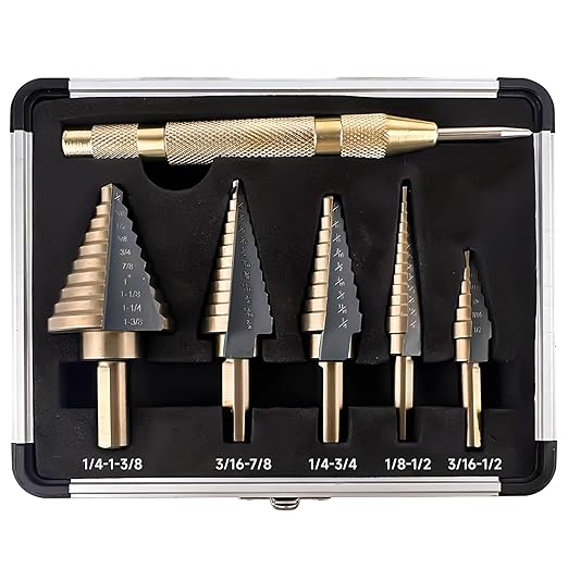 6pcs Step Drill Bits for Metal, Step Drill Bit Set 50 Sizes Tri-Flat Shank HSS Titanium-Coated with Center Punch for Aluminum, Wood, Plastic, with Aluminum Case, from Pro-Edge Technology