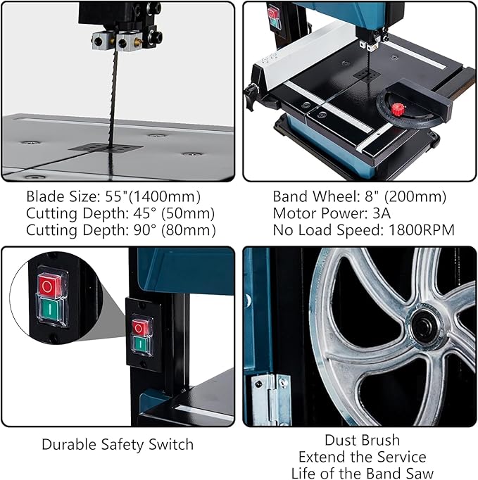 Bandsaw,3-Amp & 8-Inch Band Saw, 1800FPM Benchtop Bandsaw with Removable Safty Key, 0-45 Tilting Range, Saw For Cutting Wood with Fence and Miter Gauge, Band Saws for Woodworking