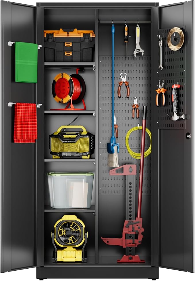 Aobabo Metal Cleaning Tool Storage Cabinet with Lockable Door, 13 Hooks and Towel Racks, Broom Closet Storage Cabinet for Janitorial Supplies, 71.41" H×31.53" W×15.74" D, Assembly Required, Black