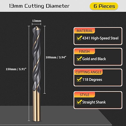 Drill Bit, 13mm Cutting Diameter, 4341 HSS Gold and Black 118° Cutting Angle Number Jobber Bits - (Applications: for Drilling Soft Metal Plastic Wood), 6-Pieces