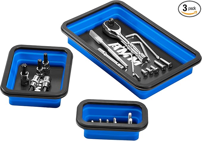 AMM Foldable Magnetic Parts Tray Set, 3 Different Size Magnetic Tool Trays for Bolts Screws Nuts & Small Metal Parts, Mechanic Tool Present for Men，Blue