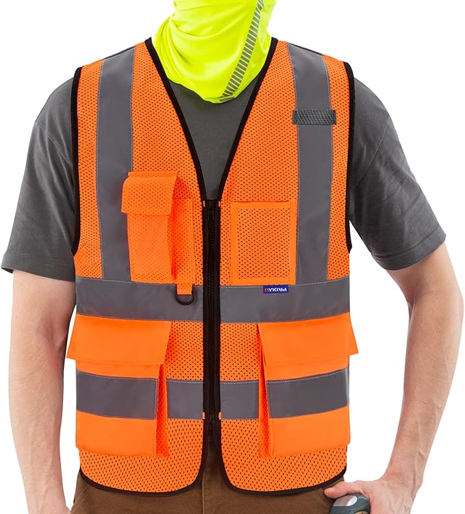 A-SAFETY High Visibility Mesh Safety Reflective Vest with Pockets and Zipper,Hi Vis Viz Reflective Safety Vest(Orange Mesh L)