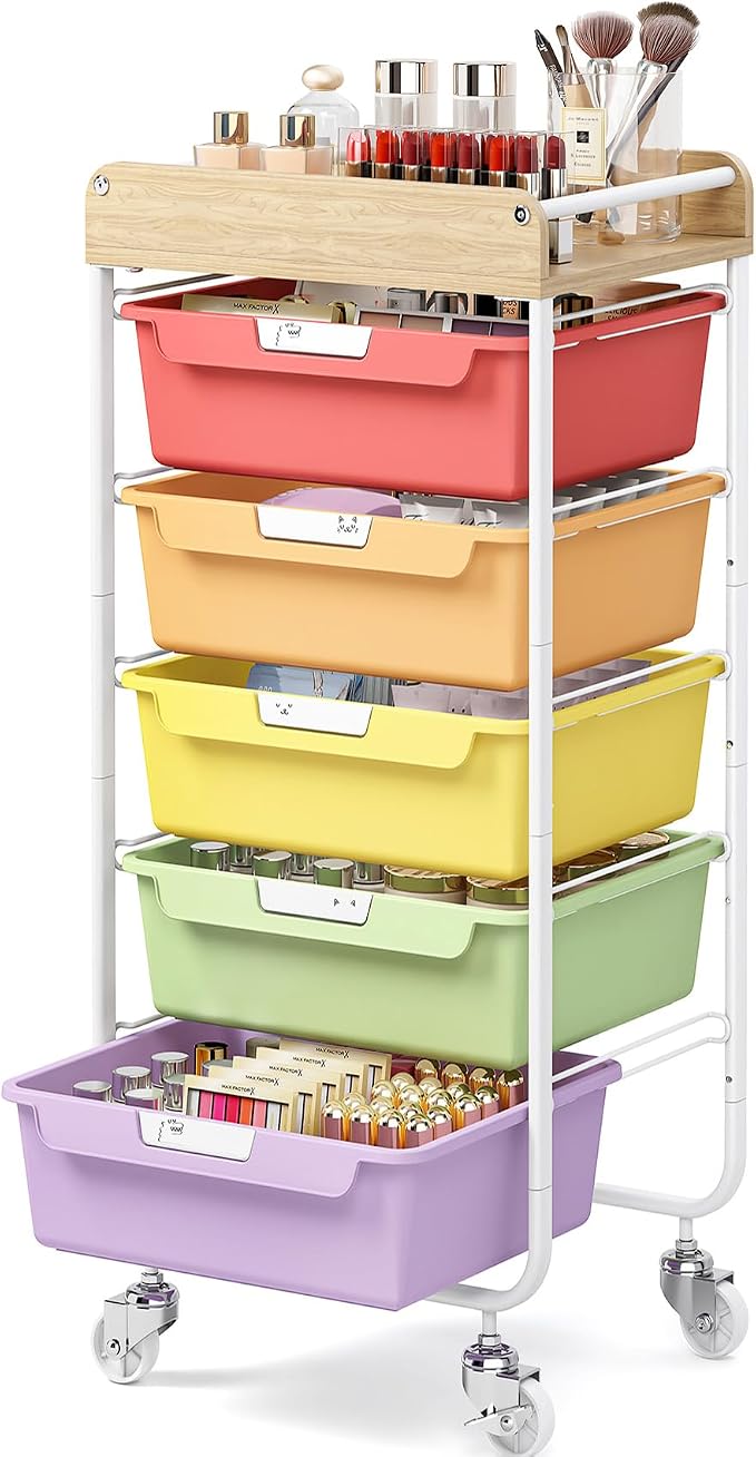 SYKIARIOL Utility Cart with 5 Labeling Drawers and Wooden Tabletop – Rolling by SYKIARIOL