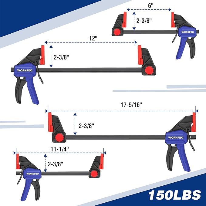 WORKPRO 10-Pack Bar Clamps for Woodworking, 6-Inch (2) Mini & (2) Light Duty and 12-Inch (2) Wood Clamps & 1-Inch (4) Spring Clamps, F Clamp with 50/150 LBS Load Limited